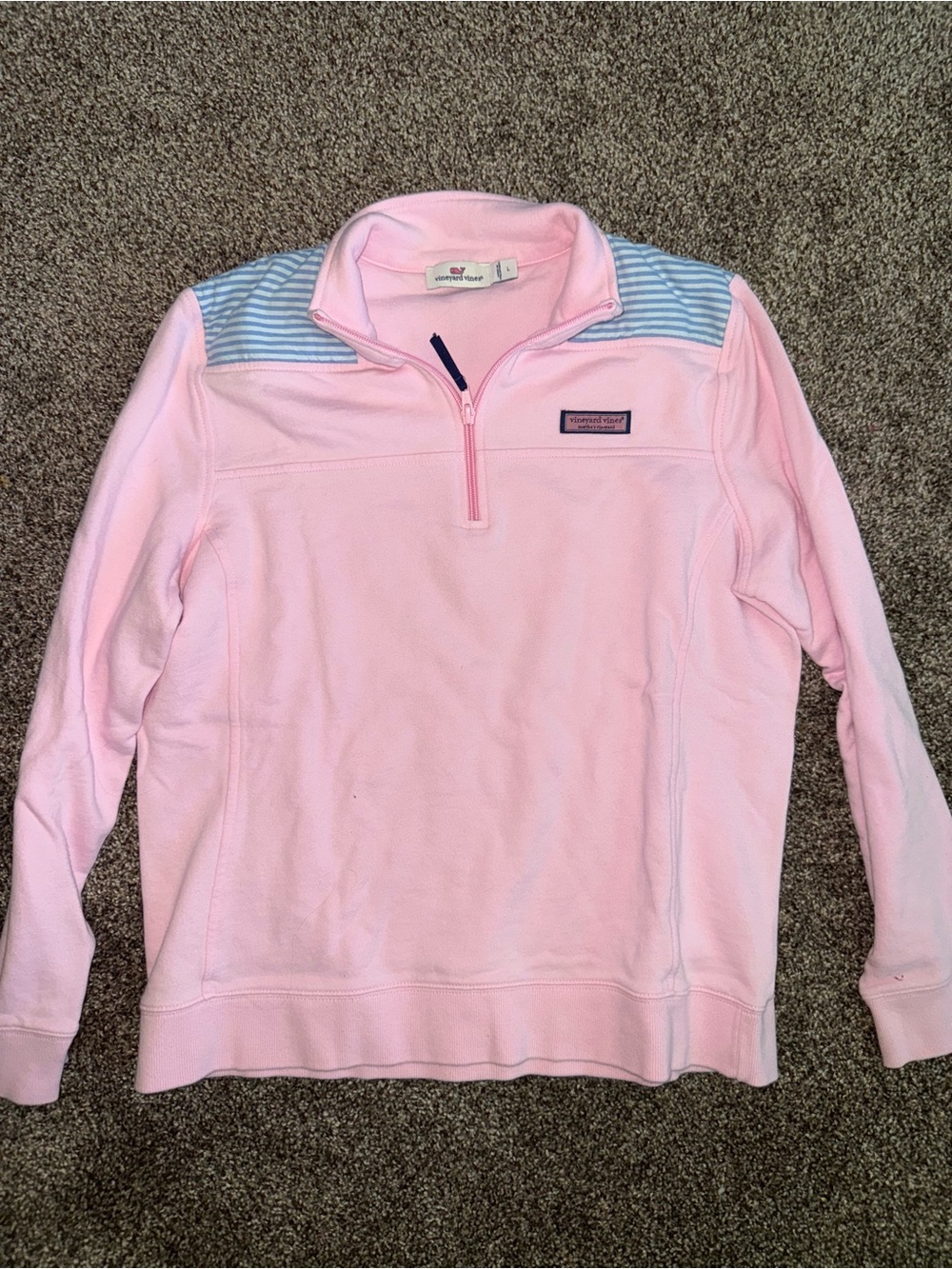 Vineyard Vines Light Pink Quarter-Zip Pullover with Blue-White Stripes